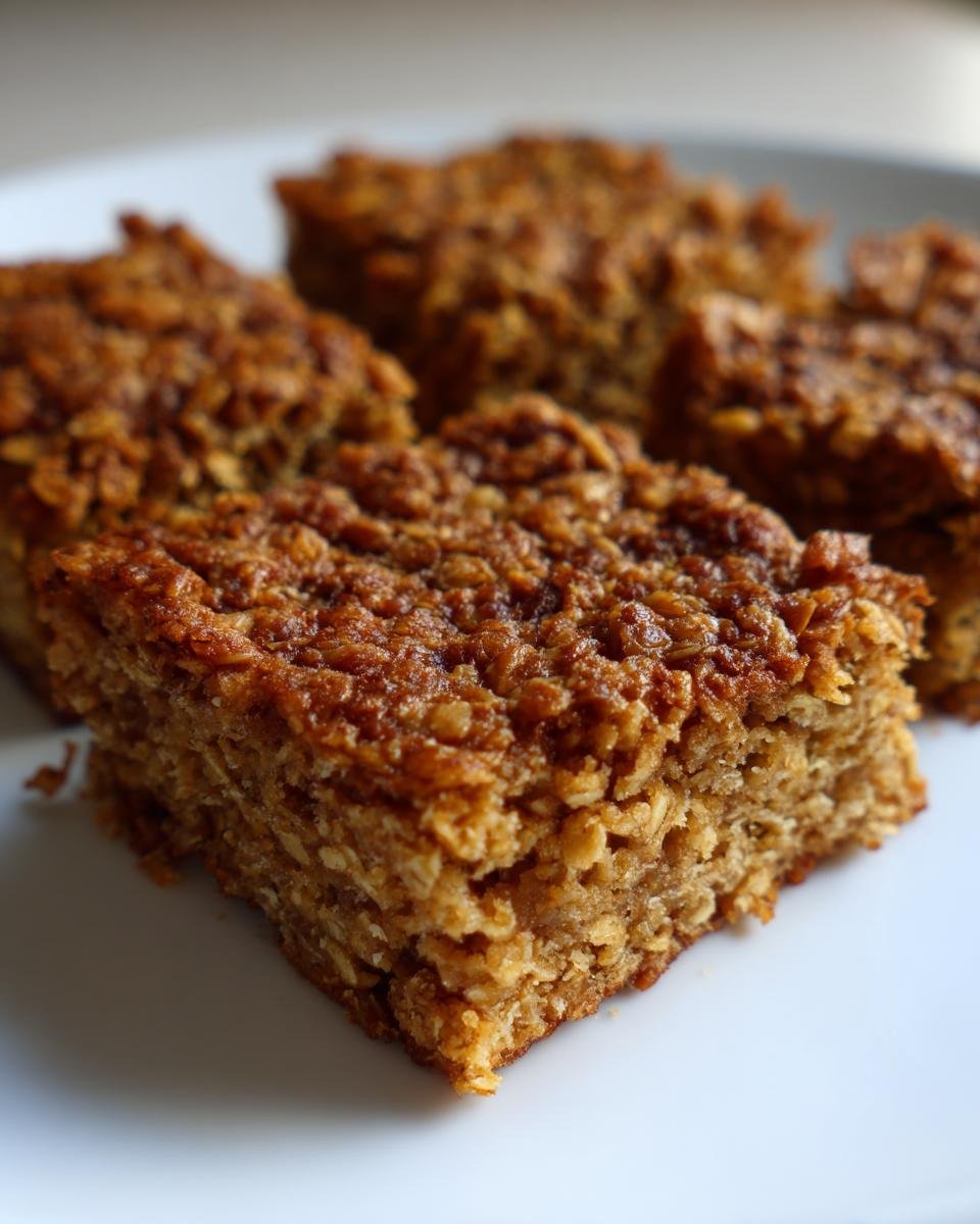 Close-up of several chewy Oatmeal Bars squares with a rich brown, textured top, served on a white plate.