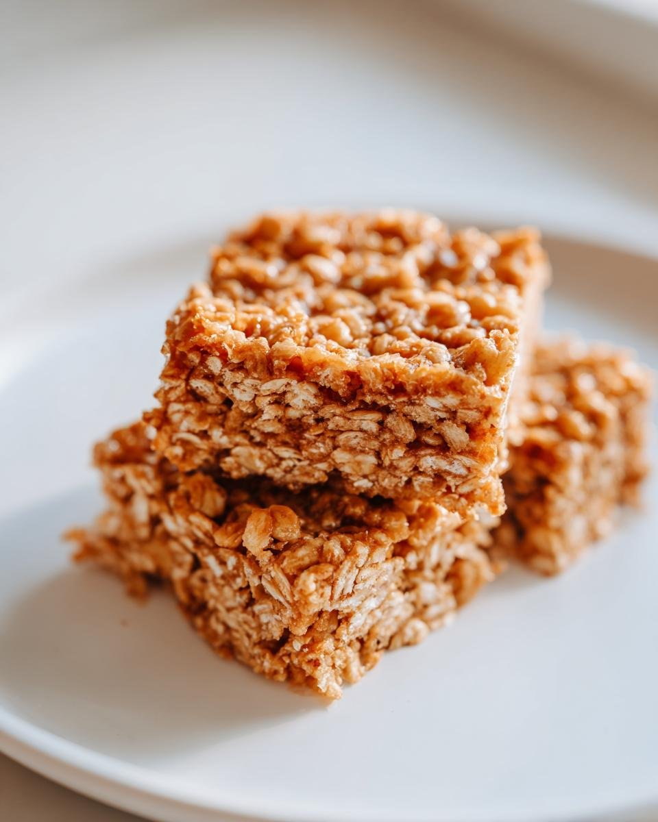 A stack of three chewy oatmeal bars made with rolled oats, sitting on a white plate.