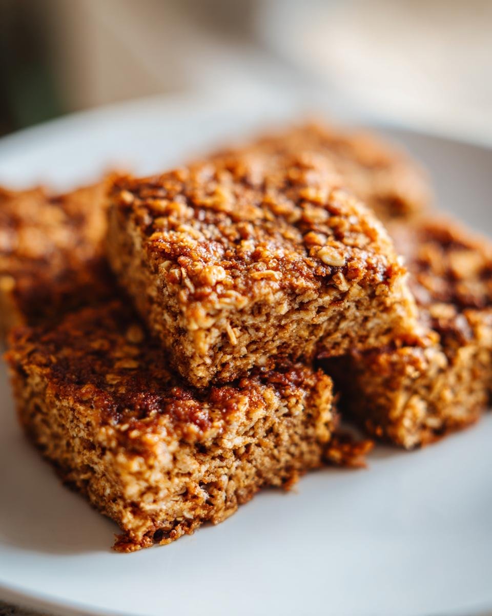 Close-up of several chewy Oatmeal Bars stacked on a white plate, showing the texture of the oats.