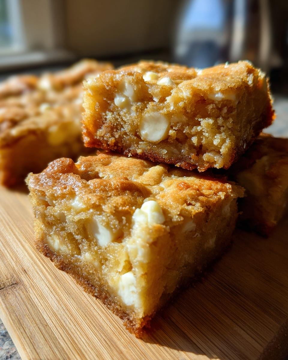 Close-up of chewy White Chocolate Blondies stacked on a wooden cutting board, showing melted white chocolate chips.