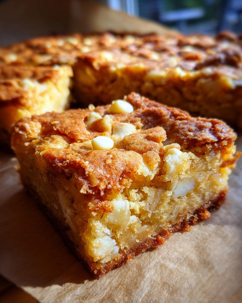 A close-up shot of a thick, chewy slice of White Chocolate Blondies with visible white chocolate chips on top.