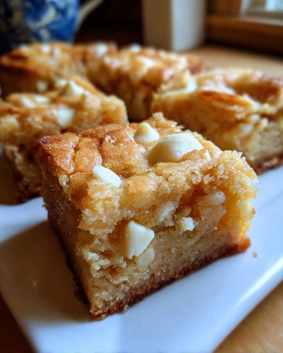 Close-up of a chewy square of White Chocolate Blondies loaded with white chocolate chips.