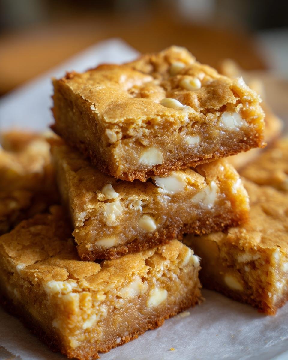 A close-up stack of chewy White Chocolate Blondies showing their gooey centers and white chocolate chips.