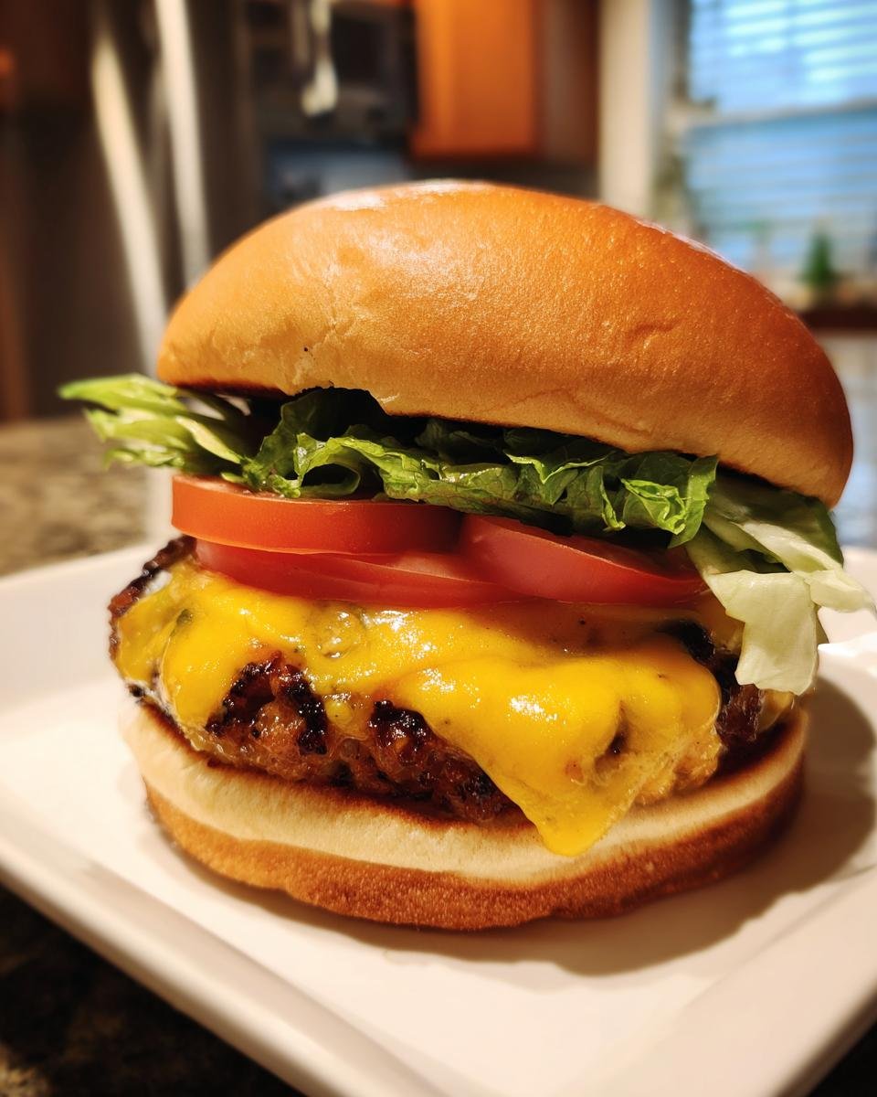 Close-up of a Chipotle Turkey Smash Burger with melted cheddar cheese, tomato, and lettuce on a toasted bun.