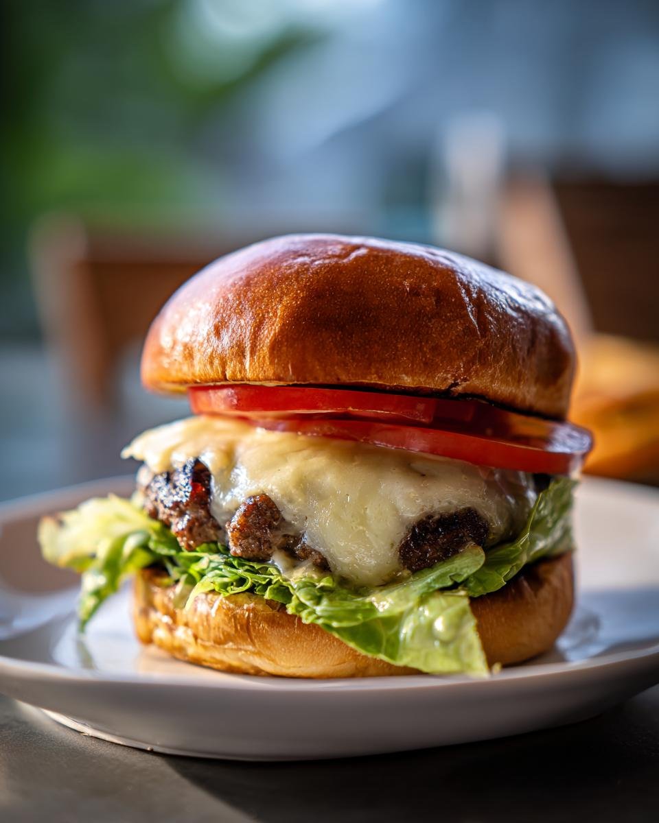 Close-up of a Chipotle Turkey Smash Burger with melted white cheese, lettuce, and tomato on a brioche bun.