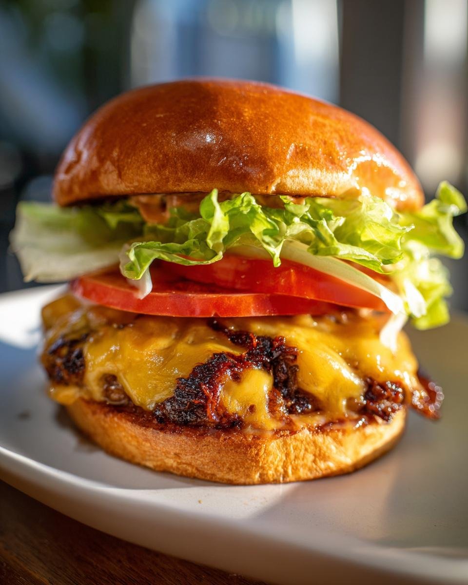 A close-up, appetizing photo of a Chipotle Turkey Smash Burger with melted cheese, tomato, and lettuce on a brioche bun.