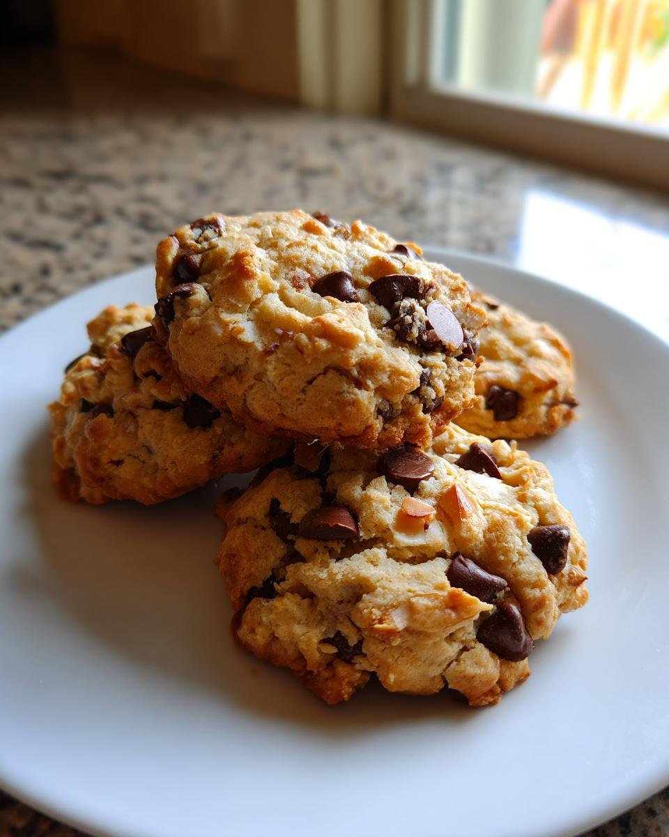 A small stack of freshly baked Chocolate Almond Cookies loaded with chocolate chips and visible almond pieces, resting on a white plate.
