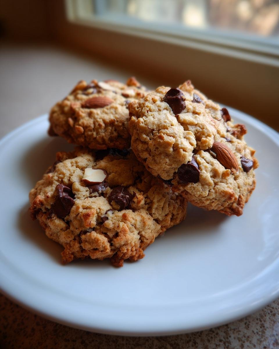 Close-up of three freshly baked Chocolate Almond Cookies piled on a white plate near a window.