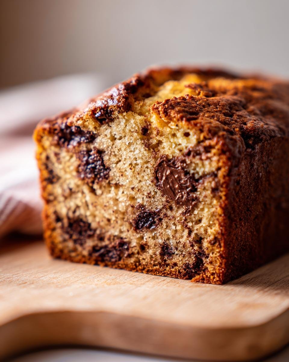 Close-up of a freshly baked Chocolate Banana Bread loaf showing moist crumb and melted chocolate chips.