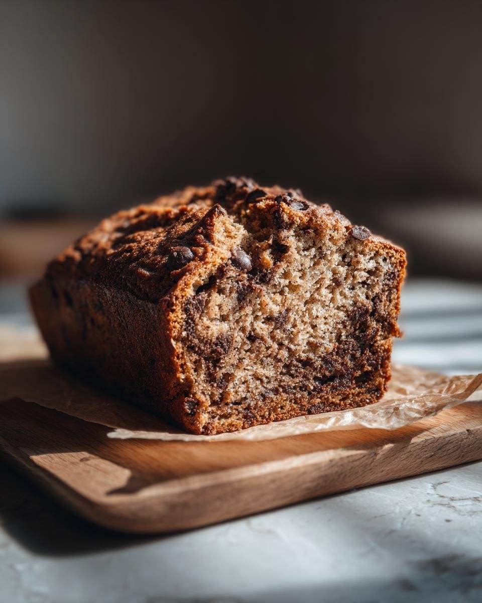 A freshly baked loaf of Chocolate Banana Bread, showing a moist crumb and chocolate chips, resting on parchment paper.