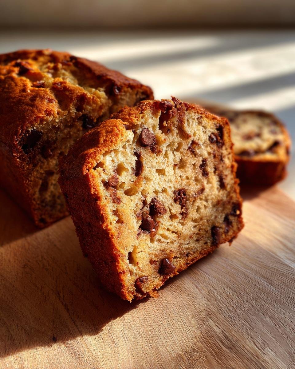 Close-up of a moist slice of Chocolate Banana Bread studded with chocolate chips, sitting on a wooden board.