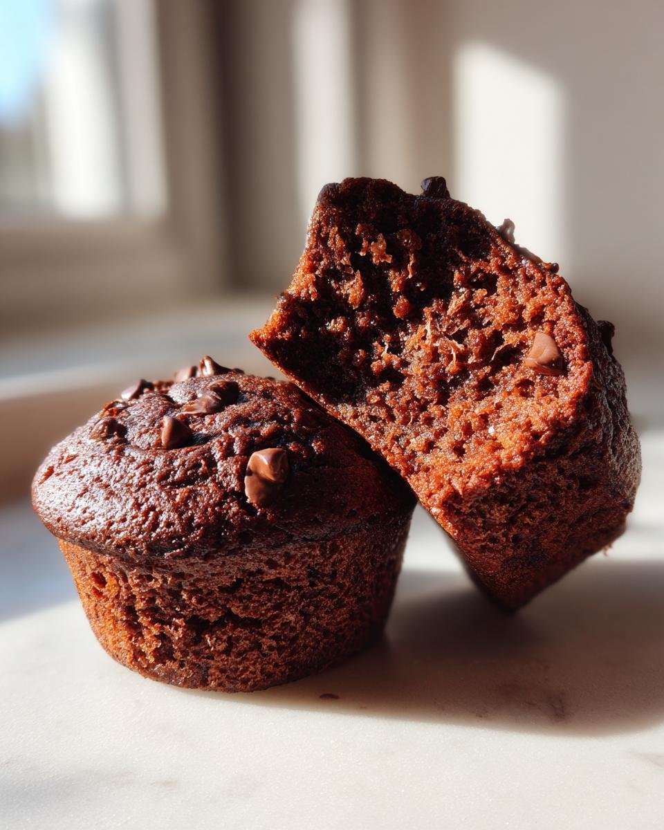 Close-up of two rich Chocolate Banana Muffins; one is broken open showing the moist interior and chocolate chips.