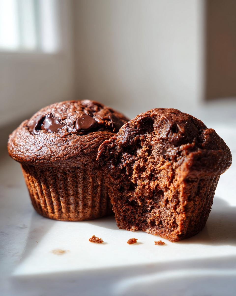 Two rich Chocolate Banana Muffins, one whole and one broken open showing the moist interior and chocolate chips.