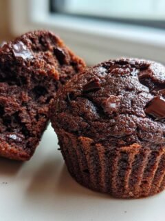 Close-up of one whole and one halved Chocolate Banana Muffins, showing the moist, dark interior and melted chocolate chips.