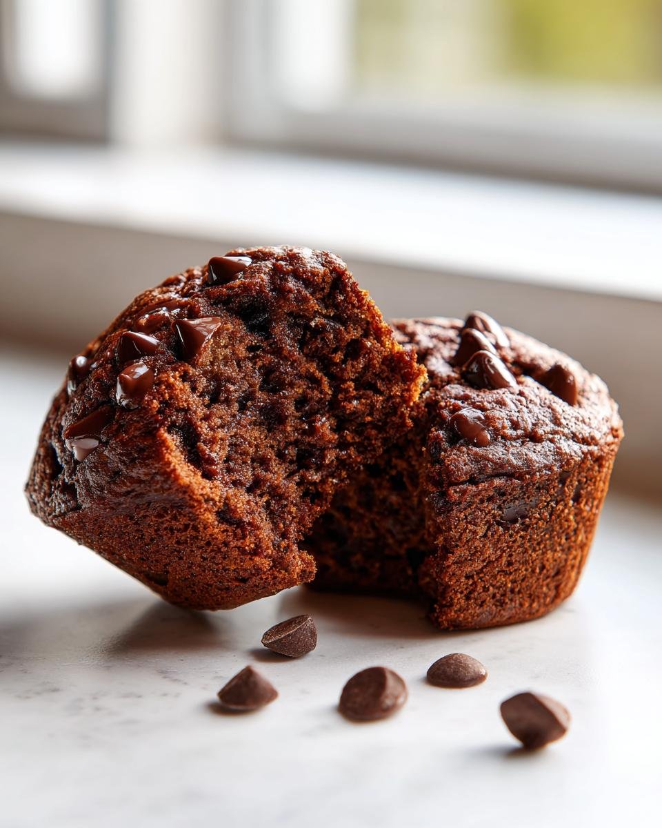 A rich, dark Chocolate Banana Muffin broken in half showing the moist interior and chocolate chips.