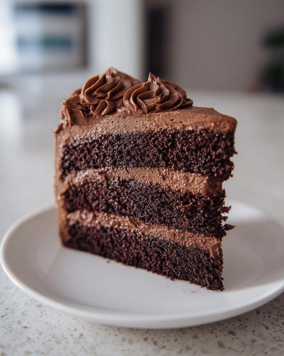A decadent slice of Chocolate Buttercream Cake featuring three dark layers and thick chocolate frosting swirls.
