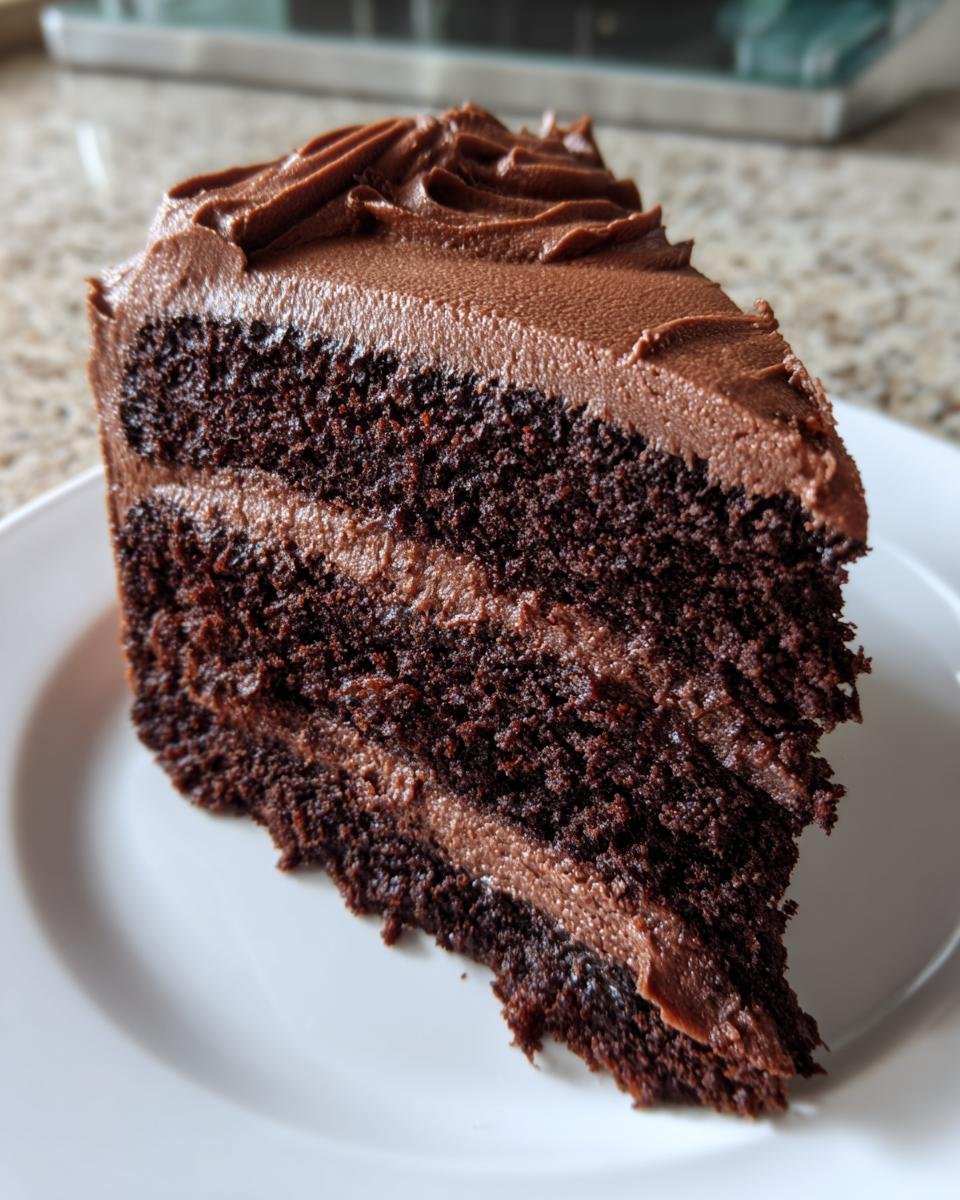A tall slice of dark, moist Chocolate Buttercream Cake with three layers of cake and two layers of frosting.