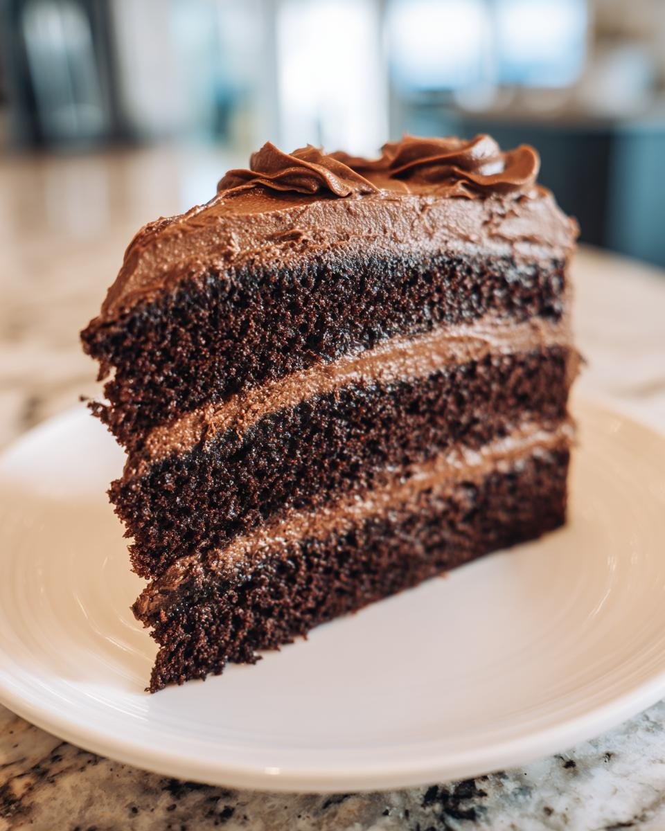 A tall slice of moist Chocolate Buttercream Cake with three layers of dark cake and thick chocolate frosting.