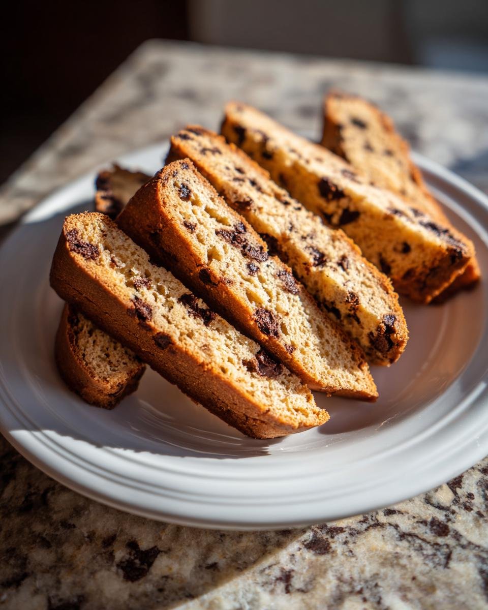 Several golden brown slices of Chocolate Chip Biscotti, studded with dark chocolate pieces, arranged on a white plate.