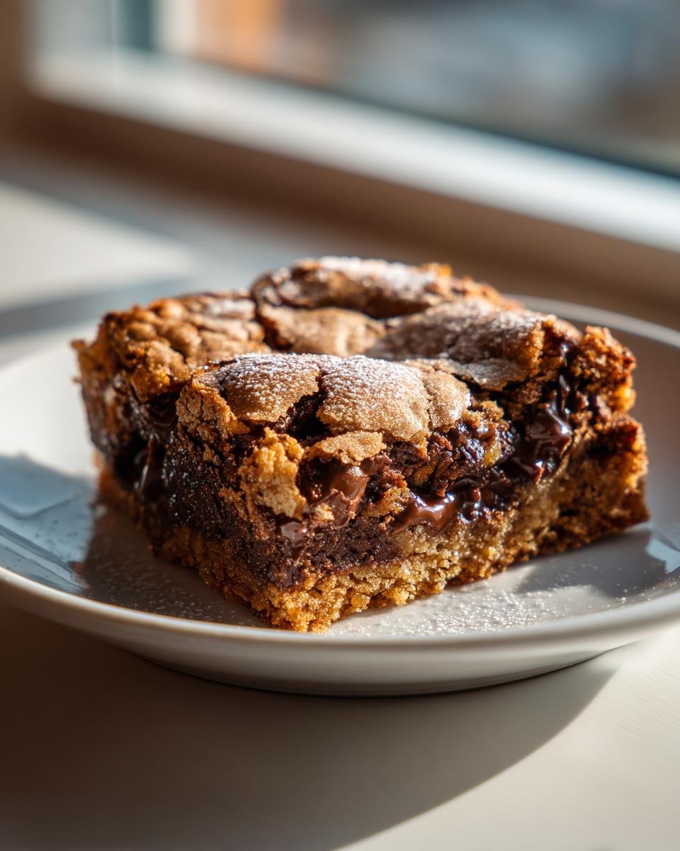 Two rich Chocolate Chip Cake Bars dusted with powdered sugar on a white plate.