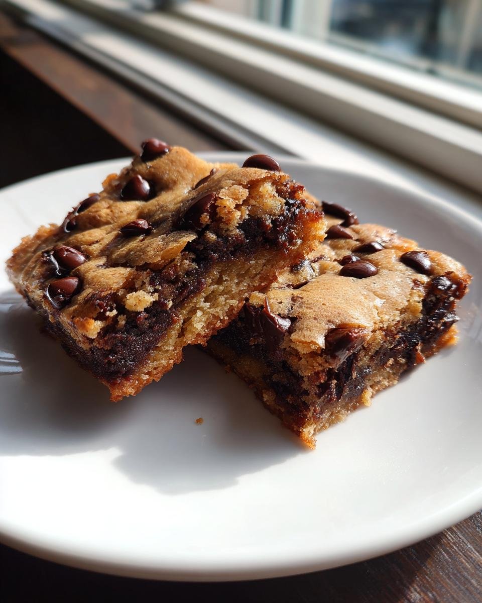 Two rich, fudgy Chocolate Chip Cake Bars cut in half and stacked slightly on a white plate, backlit by a window.