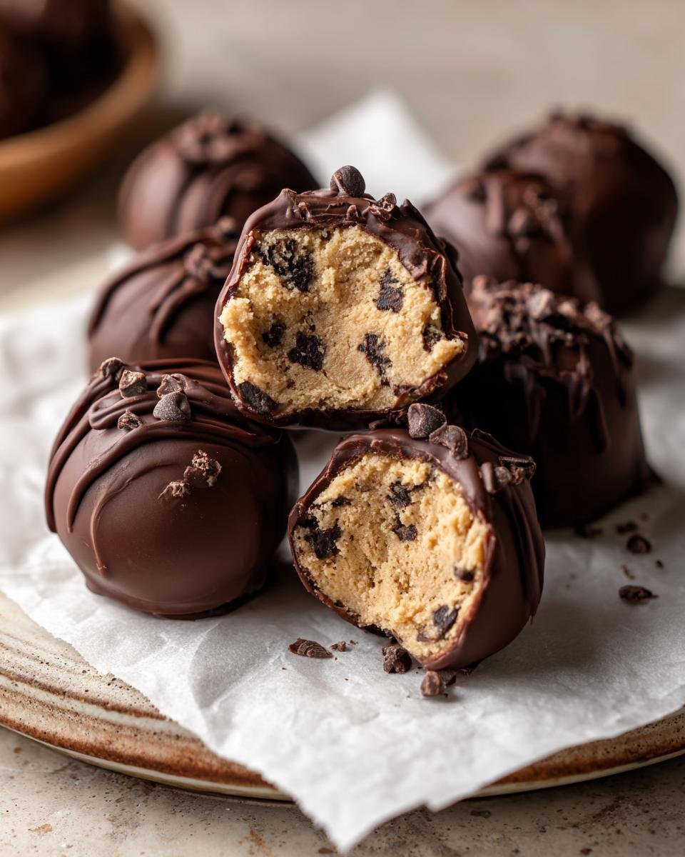 Close-up of Chocolate Chip Cookie Dough Truffles, one cut open showing the dough center and chocolate coating.