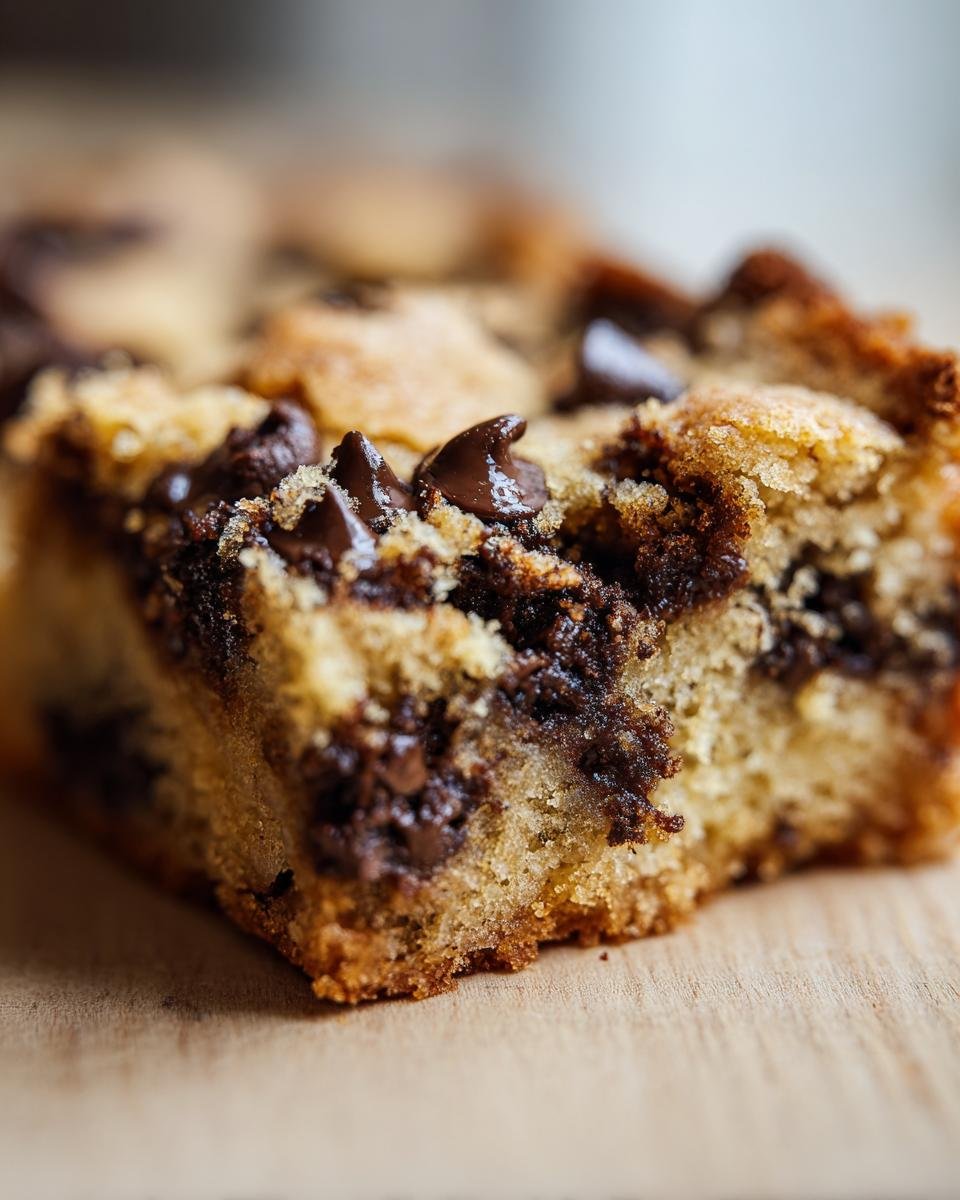 Extreme close-up on a moist square of Chocolate Chip Cupcake Bars showing melted chocolate chips and golden crumb.