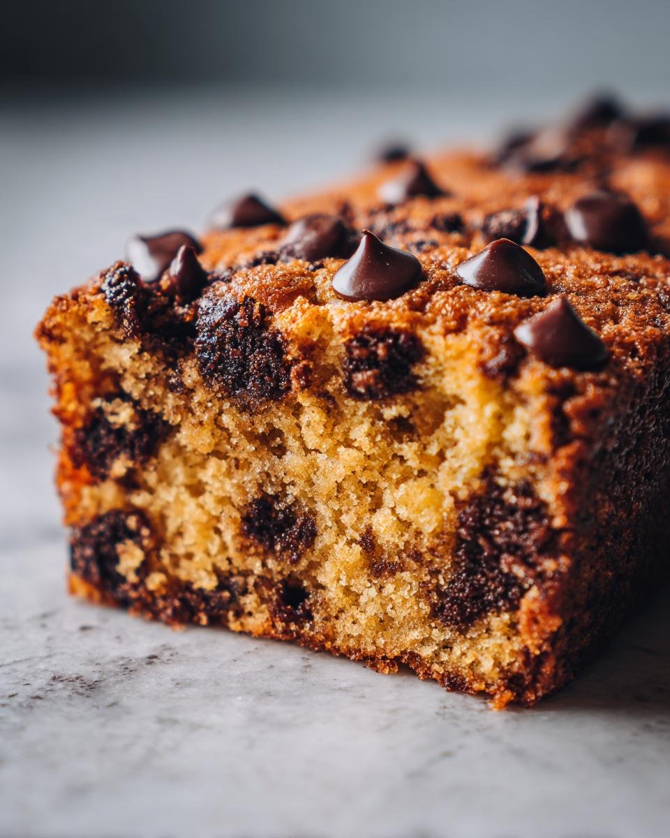 A close-up cross-section view showing the moist texture and abundant chocolate chips in the Chocolate Chip Cupcake Bars.