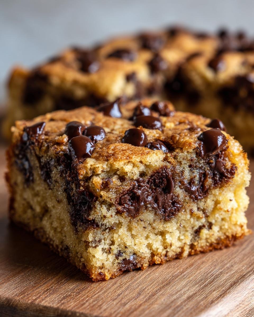 A close-up view of a moist square slice of Chocolate Chip Cupcake Bars loaded with melted chocolate chips.