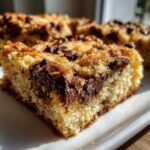 A close-up, appetizing view of a moist slice of Chocolate Chip Cupcake Bars with melted chocolate chunks.