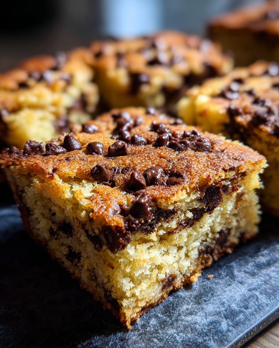 A close-up shot of a square slice of moist Chocolate Chip Cupcake Bars, topped with melted chips.