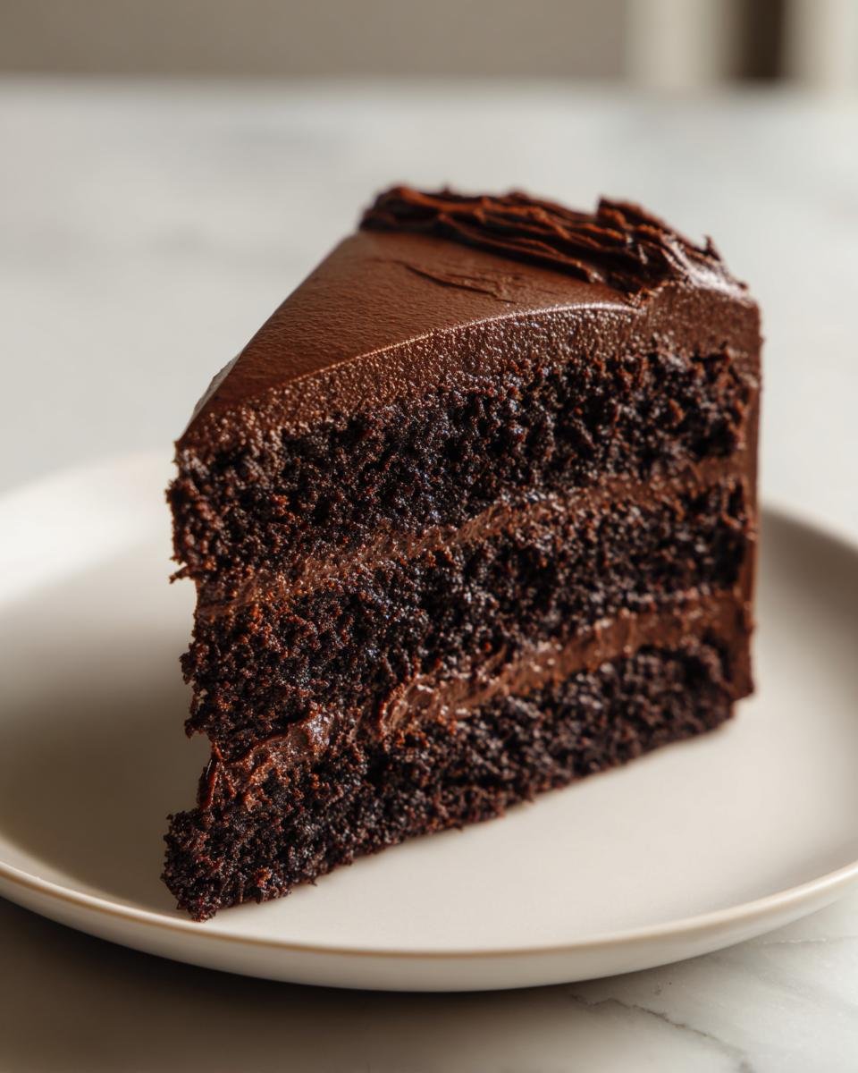 A moist, dark slice of Chocolate Fudge Cake with three layers of cake and two layers of rich chocolate frosting.