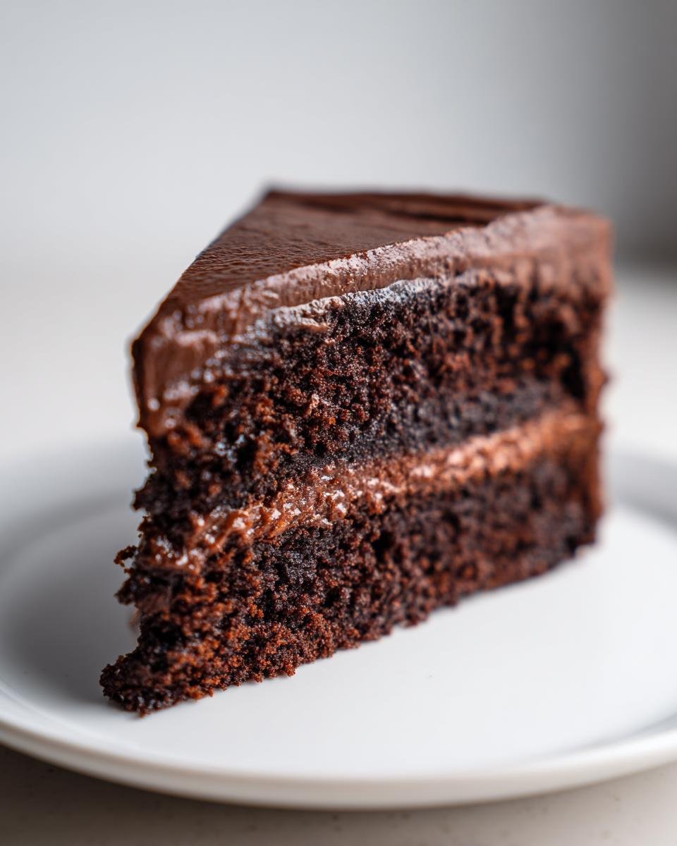 A close-up of a rich, dark slice of Chocolate Fudge Cake with thick frosting layers on a white plate.