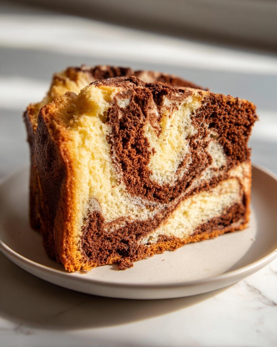 Close-up of a thick slice of Chocolate Marble Cake showing distinct vanilla and chocolate swirls on a light plate.