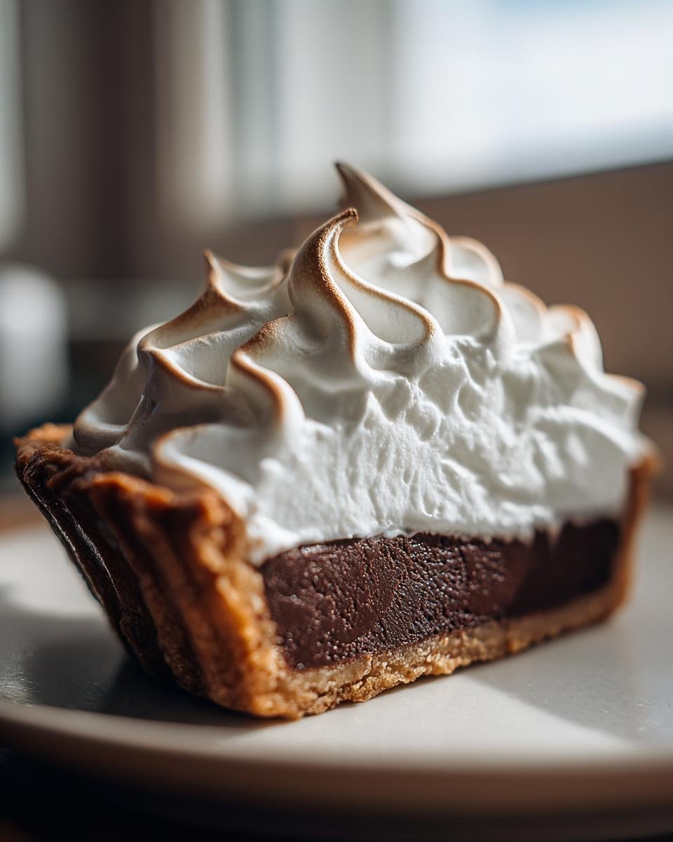 Close-up of a slice of Chocolate Meringue Pie showing rich chocolate filling and fluffy, torched meringue.