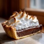Close-up of a slice of Chocolate Meringue Pie showing rich chocolate filling and tall, torched meringue.