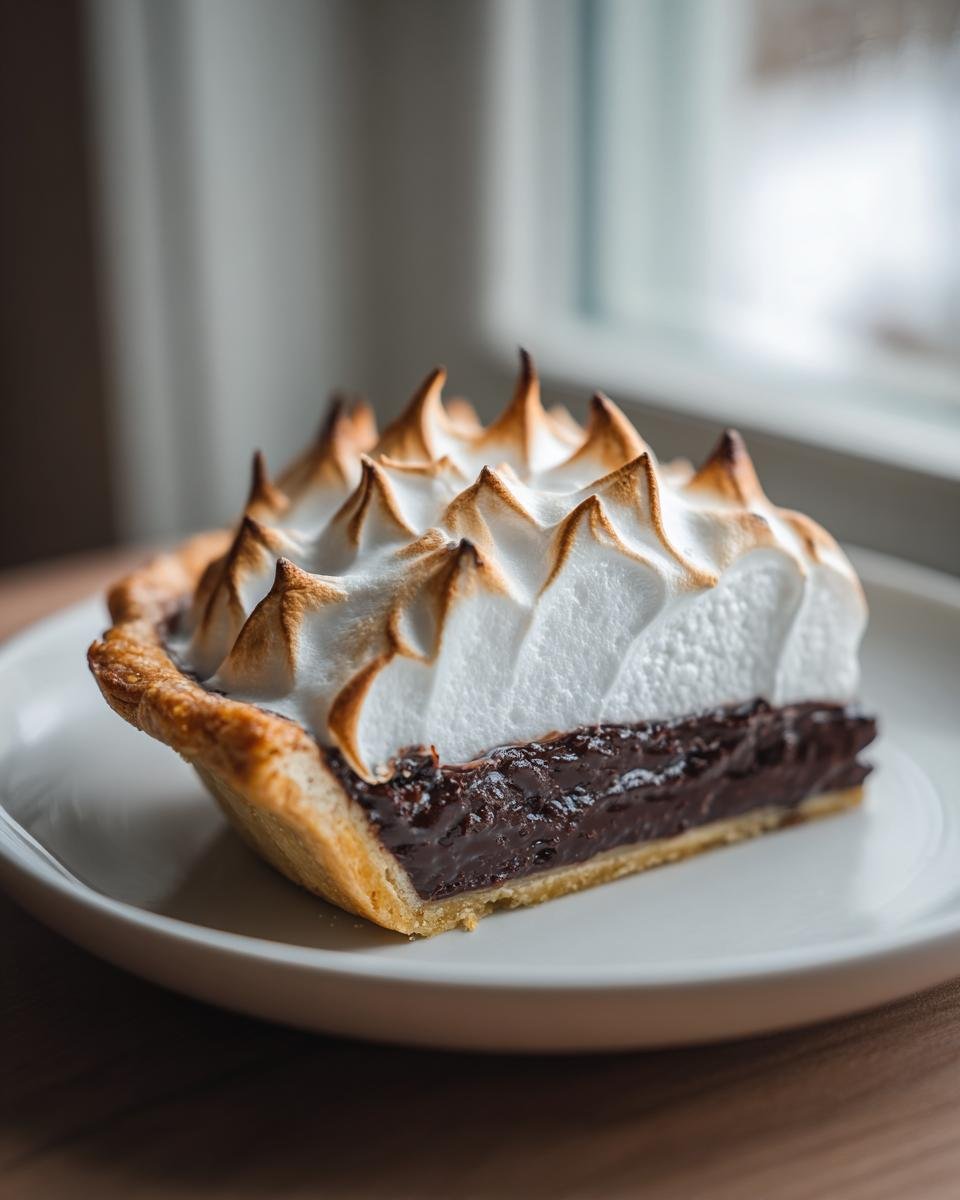A perfect slice of Chocolate Meringue Pie featuring a rich dark filling and tall, toasted meringue peaks.