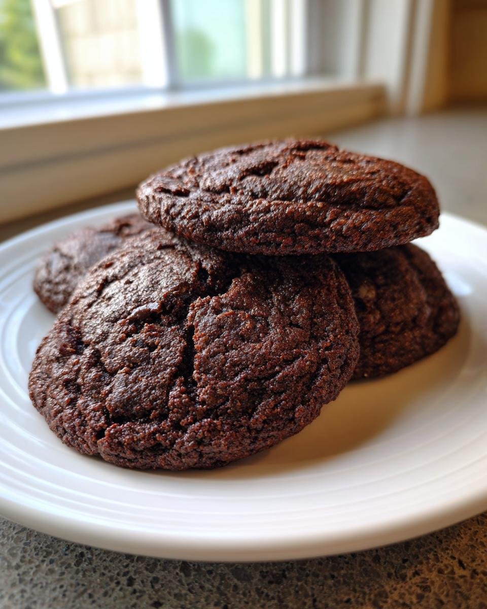 A stack of four dark, rich Chocolate Mint Cookies resting on a white plate near a window.