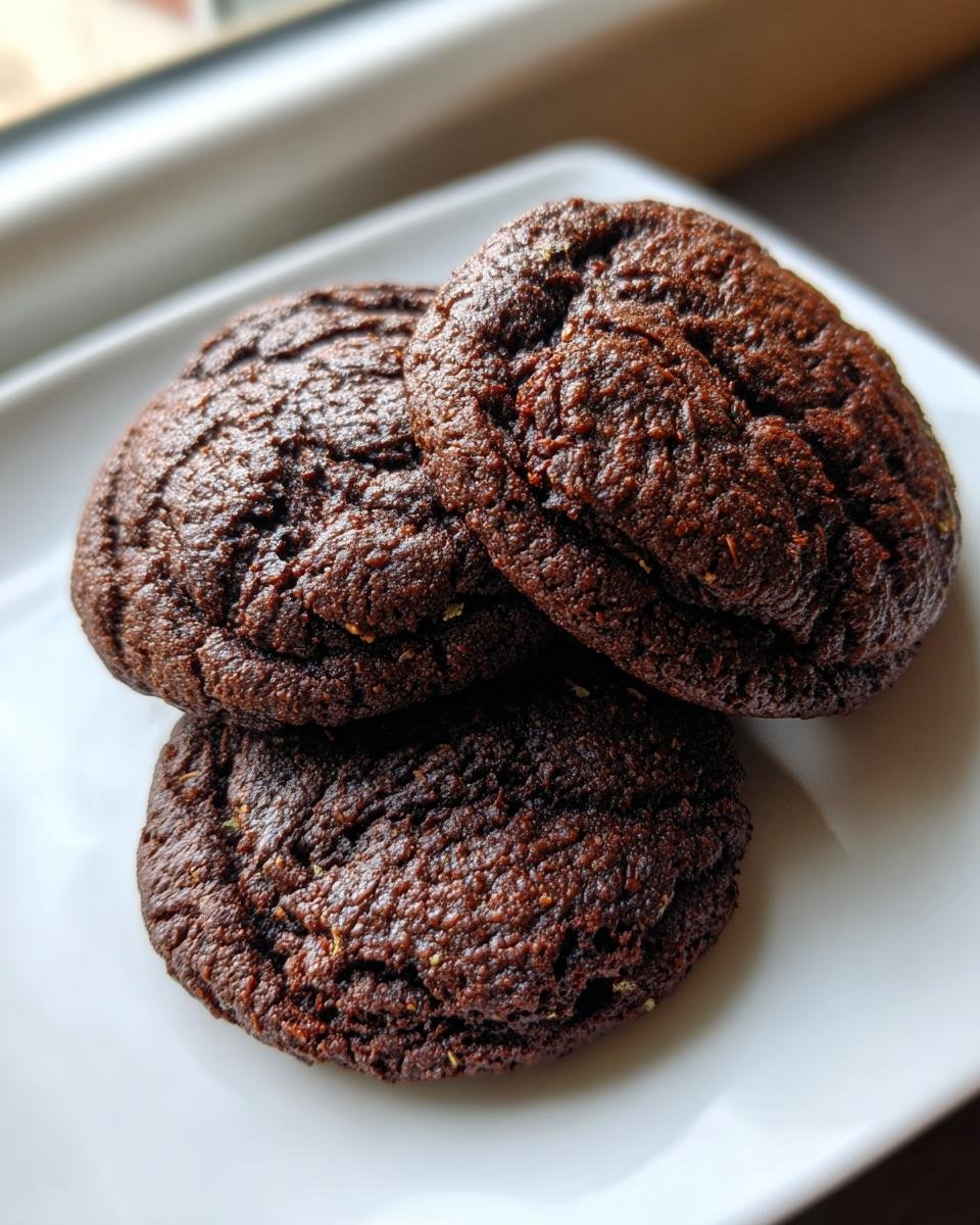 Close-up of three dark, rich Chocolate Mint Cookies stacked slightly on a white plate.