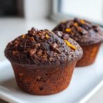 Two rich, dark Chocolate Orange Muffins topped with chocolate chips and orange zest on a white plate.