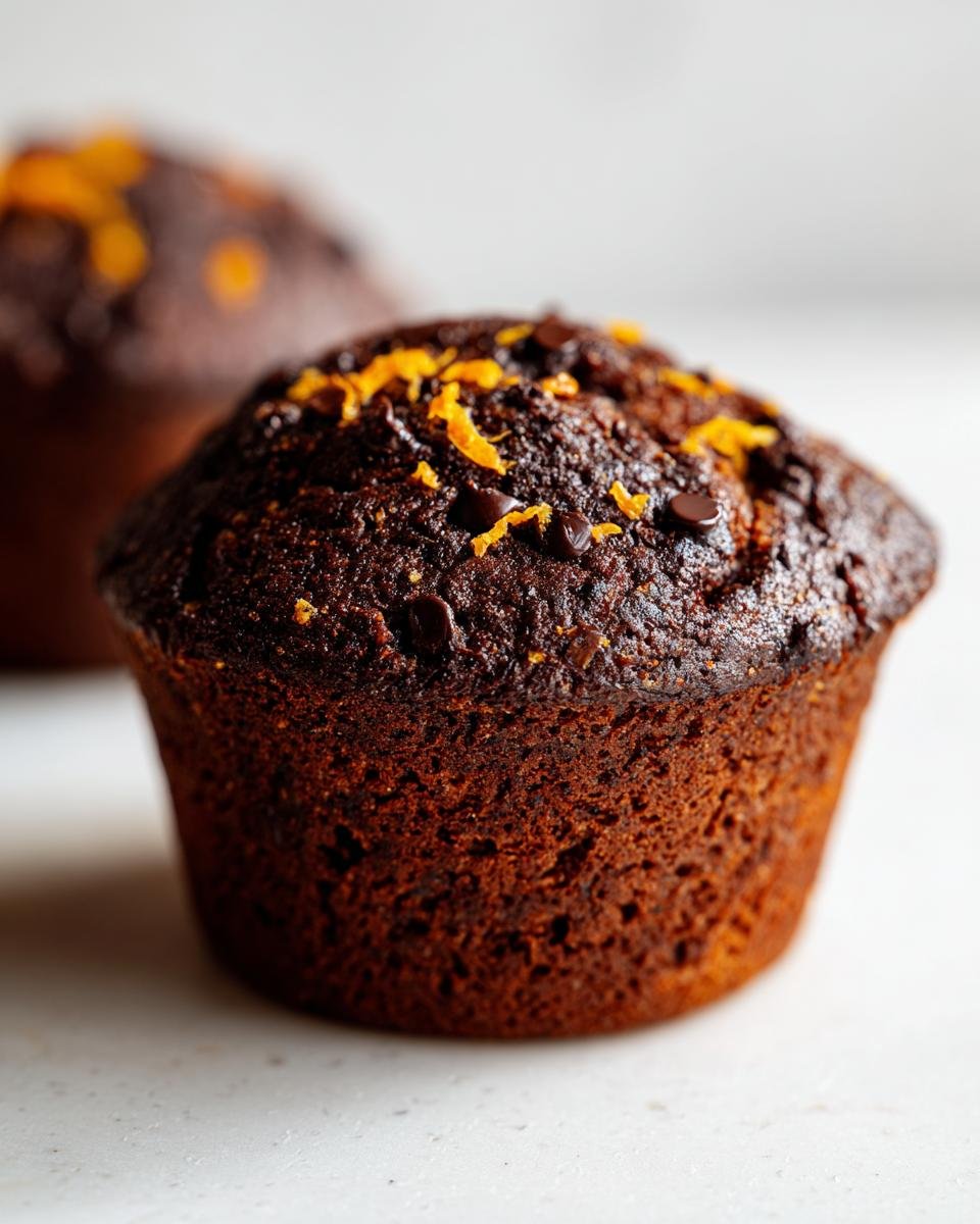 A close-up of one dark, rich Chocolate Orange Muffins topped with bright orange zest and mini chocolate chips.