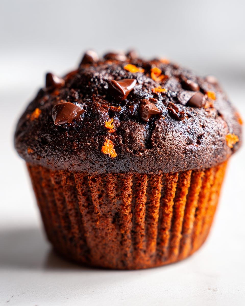 A close-up of a dark, rich Chocolate Orange Muffins topped with chocolate chips and orange zest.