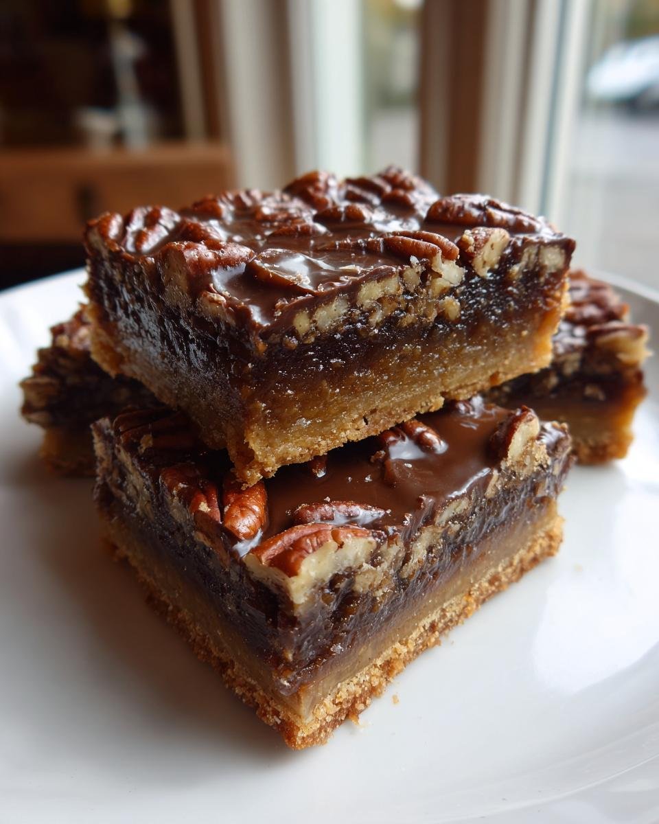 Close-up of stacked, gooey chocolate pecan pie bars with a thick shortbread crust.