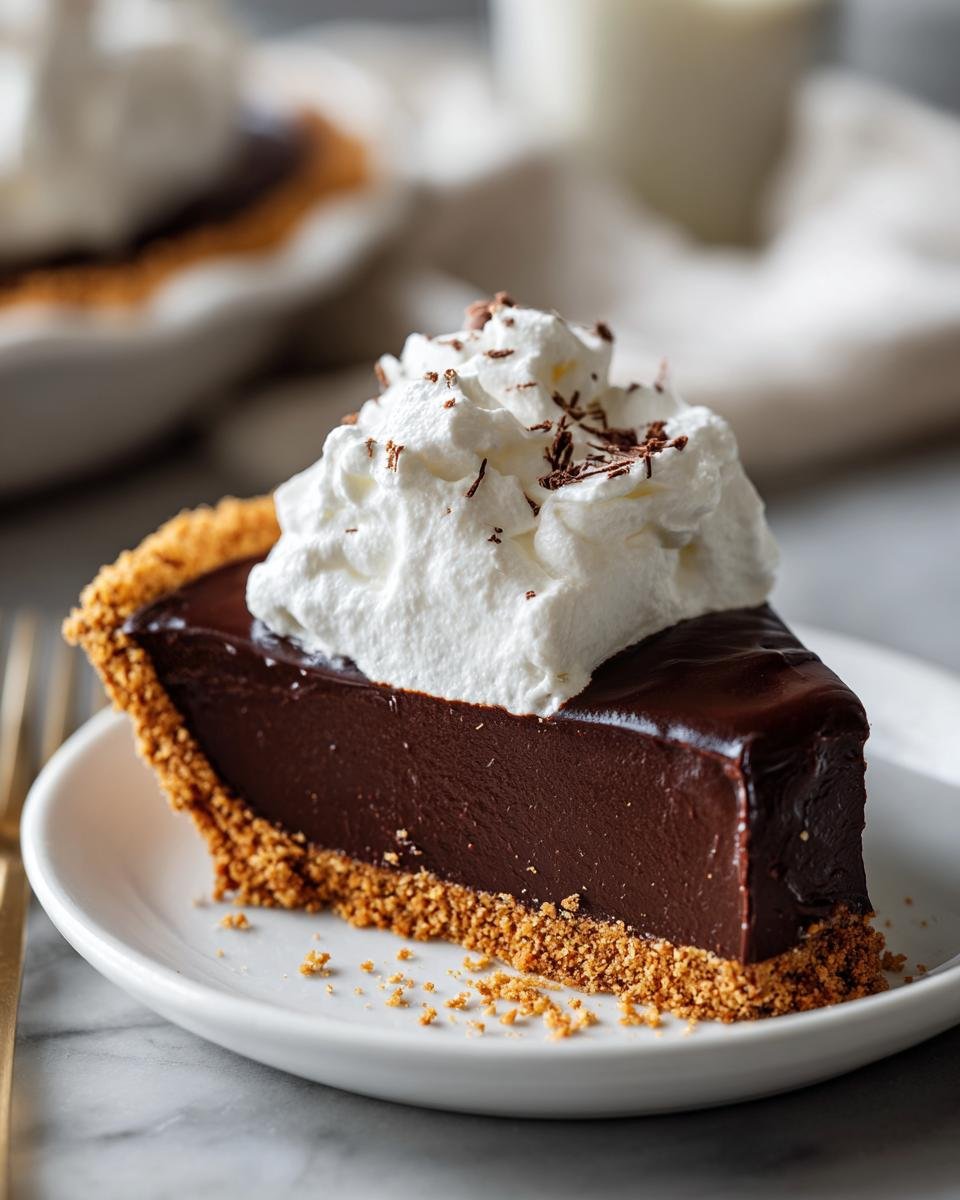 A decadent slice of Chocolate Pudding Pie with a thick, smooth filling and graham cracker crust, topped with whipped cream.