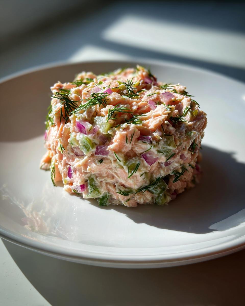 A molded portion of creamy Chopped Salmon Salad mixed with red onion and celery, topped with fresh dill.