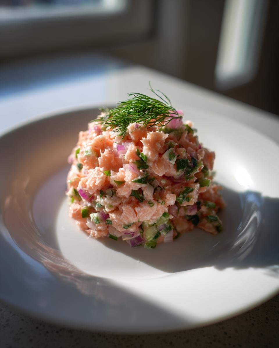 A mound of fresh Chopped Salmon Salad mixed with red onion and herbs, garnished with dill, served on a white plate.
