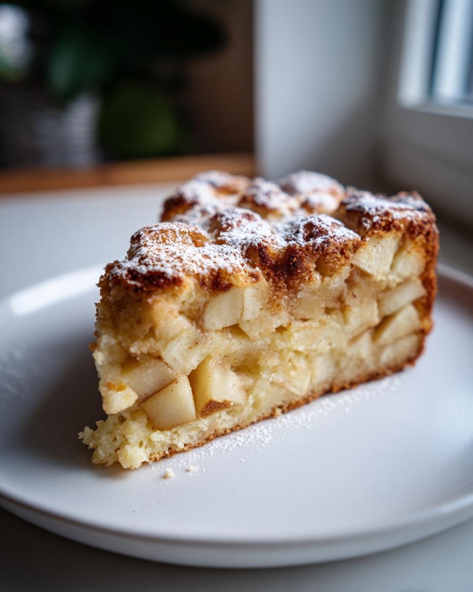Close-up of a moist slice of Cinnamon Apple Cake, loaded with apple chunks and dusted with powdered sugar.