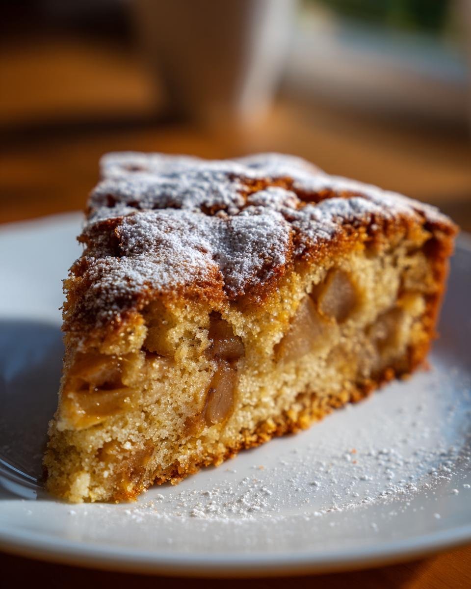 Close-up of a moist slice of Cinnamon Apple Cake topped with powdered sugar on a white plate.