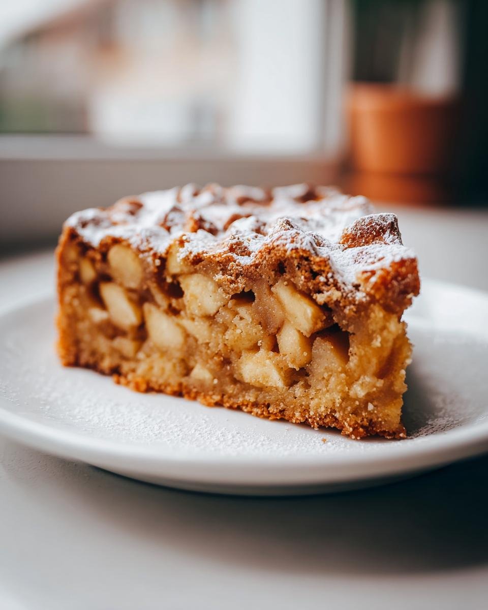 A close-up of a thick slice of Cinnamon Apple Cake, loaded with apple chunks and dusted with powdered sugar.