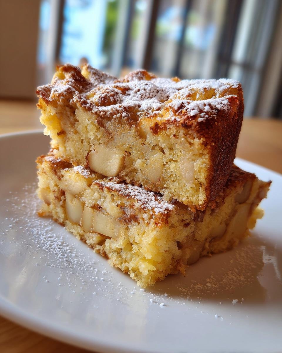 Two stacked slices of moist Cinnamon Apple Cake dusted with powdered sugar on a white plate.